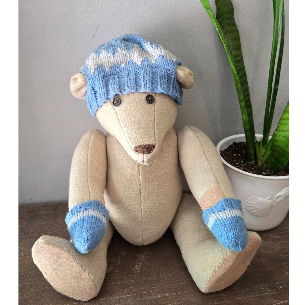Vintage‎ Handmade Folk Art Jointed Teddy Bear Linen with Blue Knit Hat & Mittens